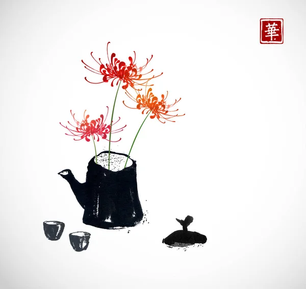 Teservis Med Röda Blommor Traditionell Japansk Stil Vit Bakgrund — Stock vektor