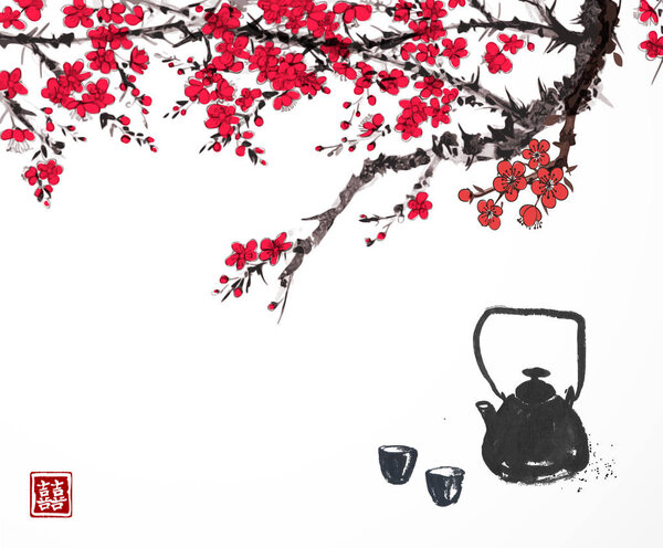 Tea set with sakura flowers in traditional japanese style 