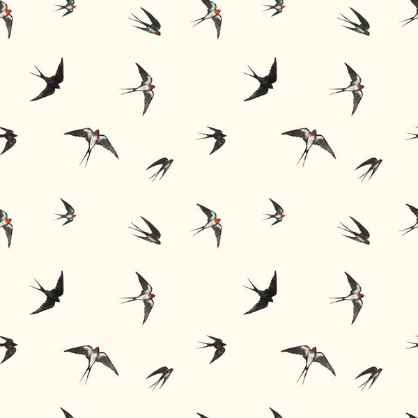 Seamless pattern with watercolor swallows on beige background