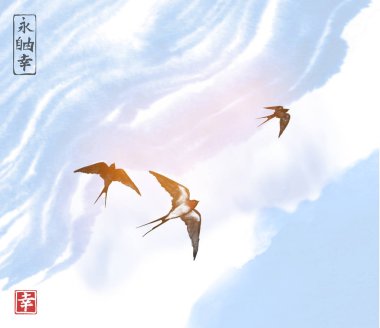 kırlangıçlar ile geleneksel Çin tarzı afiş, vektör illüstrasyon