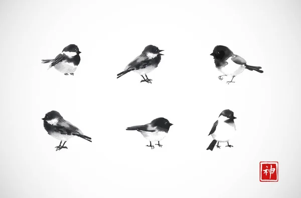 Set Von Kleinen Handgezeichneten Vögeln Asiatischen Stil Vektorillustration — Stockvektor