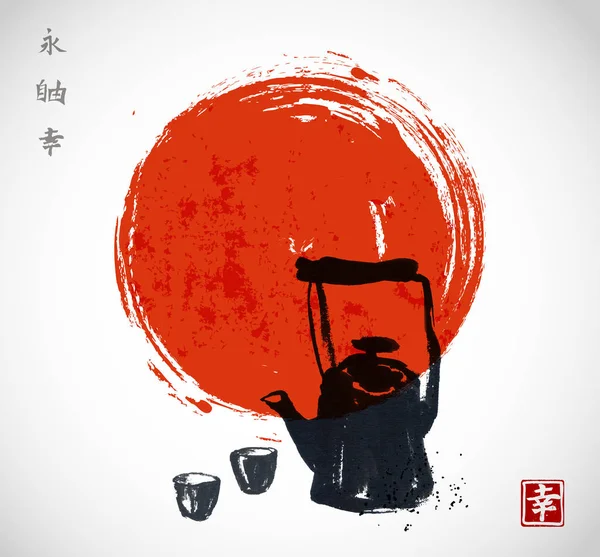 Традиционный Китайский Стиль Баннер Чайником Чашки Векторная Иллюстрация — стоковый вектор