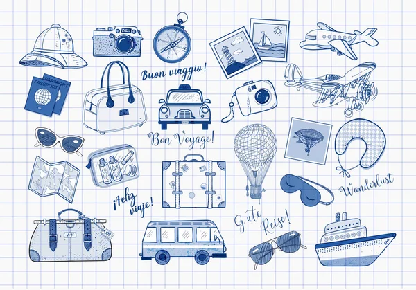 Set Van Verschillende Reizen Doodles Vector Illustratie — Stockvector