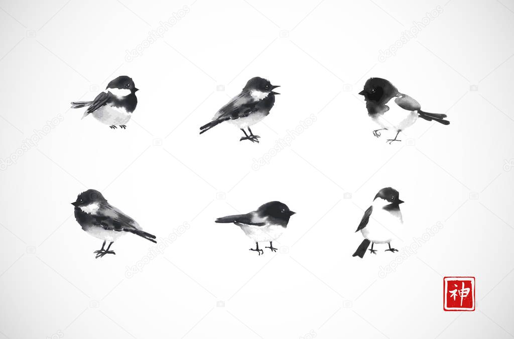 set of little hand drawn birds in asian style, vector illustration