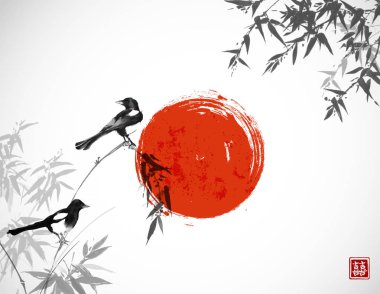 Bambu ve kırmızı güneş dalı üzerinde saksağan ile Geleneksel Japon tarzı afiş