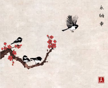 Çiçekli sakura ağacının dalı üzerinde kuşlar ile geleneksel açıklayıcı vintage Japon tarzı arka plan.