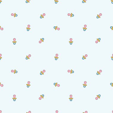 Seamless pattern with childhood baby dummies on light blue background. clipart