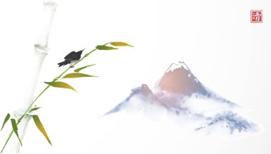 Dağlar ve kuş geleneksel Japon sumi-e tarzında bambu şarkı, oryantal vintage mürekkep arka plan