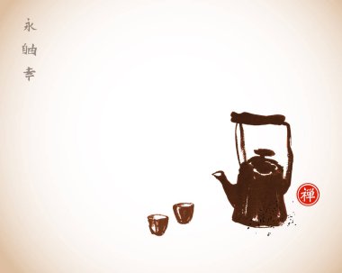 Geleneksel Japon mürekkep boyama Vintage çaydanlık ve çay fincanları.