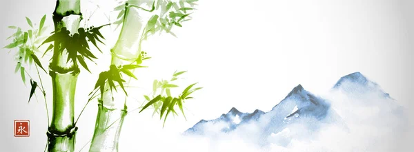 Montagnes Bambou Dans Style Sumi Japonais Traditionnel Fond Encre Vintage — Image vectorielle