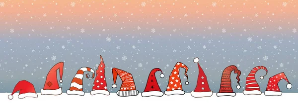 Divertidos Sombreros Rojos Navidad Santa Bajo Nieve Patrón Sin Costuras — Archivo Imágenes Vectoriales