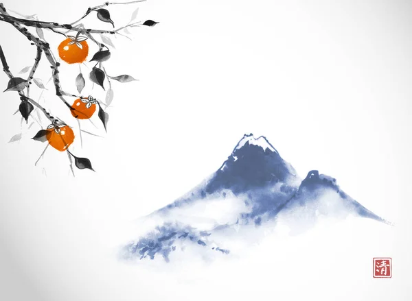 Berge Und Zweige Mit Persimmons Traditionellen Japanischen Sumi Stil Orientalischer — Stockvektor