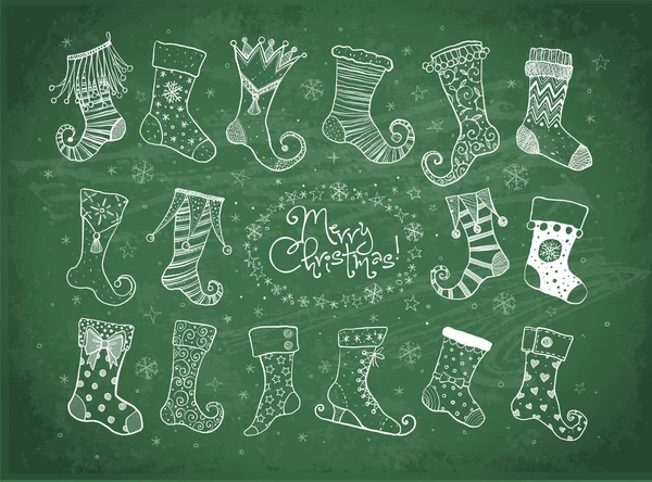 Set Weihnachtsstöcke Mit Schneeflocken Und Frohen Weihnachten Schriftzug Auf Grünem — Stockvektor