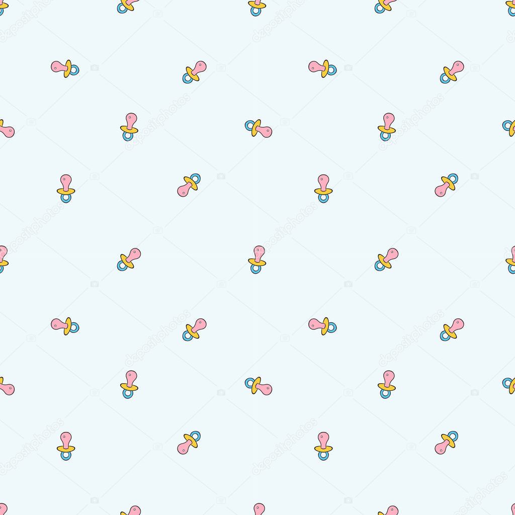 Seamless pattern with childhood baby dummies on light blue background.