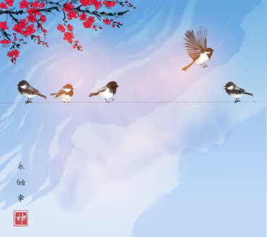 kuşlar, vektör illüstrasyon ile geleneksel Çin tarzı afiş
