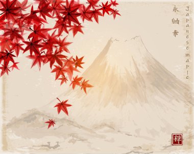 akçaağaç yaprakları ve montaj ile geleneksel Çin tarzı afiş 