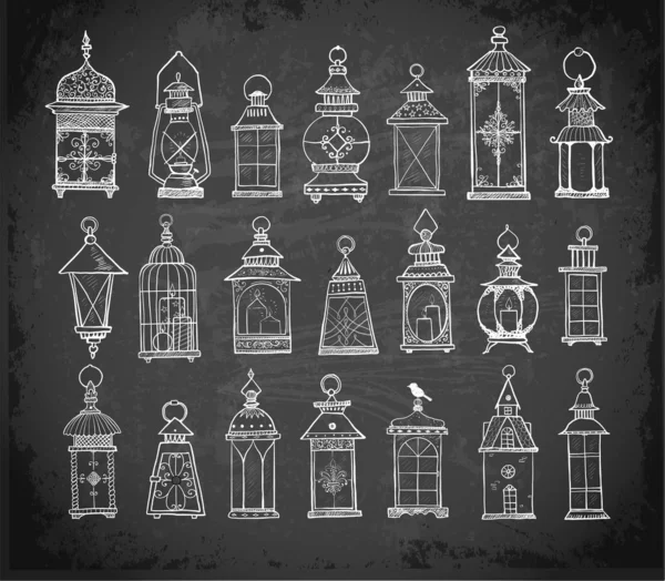 Set Lanterne Vintage Scritte Sfondo Grigio — Vettoriale Stock