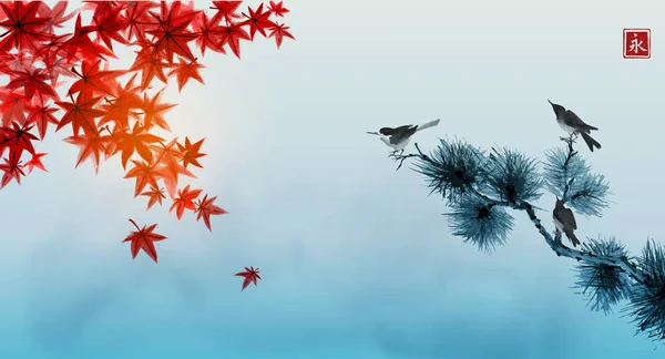 Bannière Traditionnelle Style Chinois Avec Feuilles Érable Oiseaux — Image vectorielle