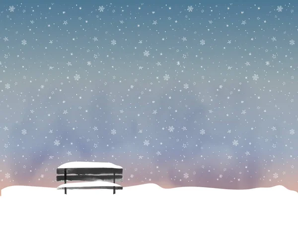 Зимний Пейзаж Скамейкой Парке Покрытой Снегом Снегопадом Фантастическими Облаками Тумана — стоковый вектор