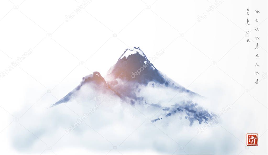 Snowy mountains in traditional Japanese sumi-e style, oriental vintage ink background