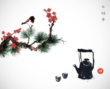 Çaydanlık ve kuş, basitçe vektör çizimi 