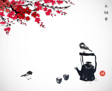 Çaydanlık ve kuş, basitçe vektör çizimi 