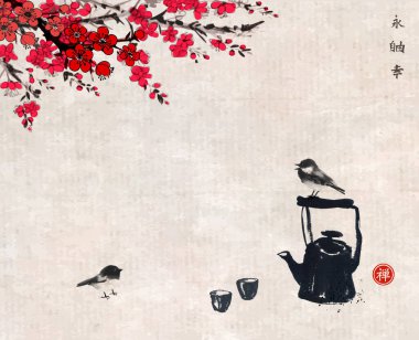 Çaydanlık, kuşlar ve sakura sumi-e Japon tarzı vektör illüstrasyonu 