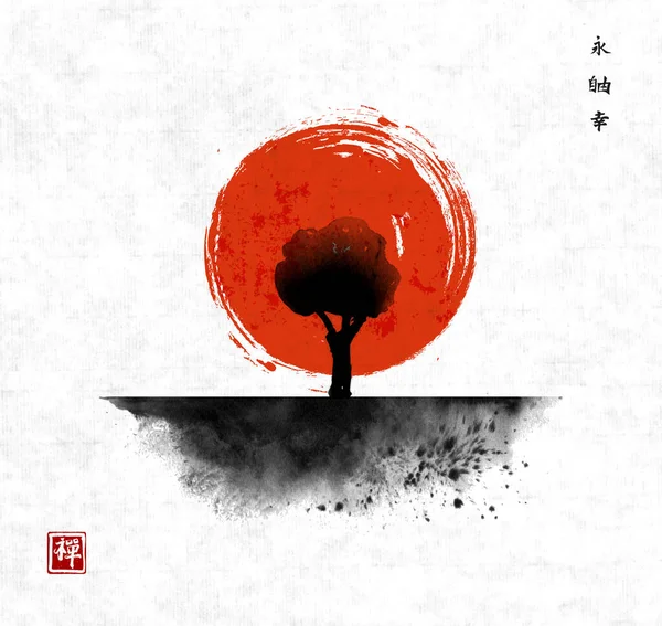 태양과 나무가 전통적 동양화 Sumi Sin Hux Rice Paper Background — 스톡 벡터