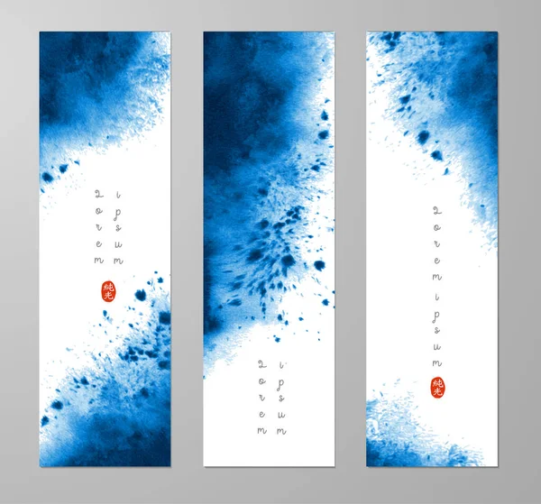 Trzy Transparenty Abstrakcyjnym Niebieskim Farbą Atramentową Miejsce Tekst Ilustracja Wektora — Wektor stockowy