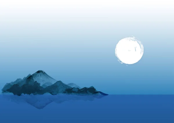 Paisagem Noturna Com Montanhas Azuis Água Lua Tinta Oriental Tradicional —  Vetores de Stock