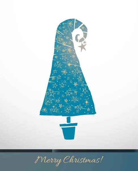 Grußkarte Mit Türkisfarbenem Weihnachtsbaum Mit Goldenen Sternen Auf Weißem Hintergrund — Stockvektor