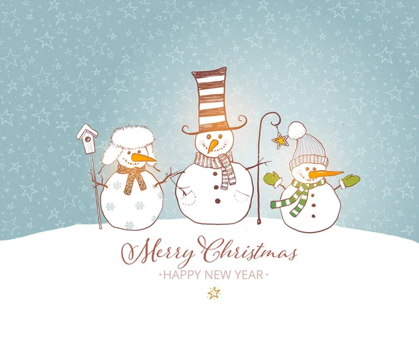 Weihnachtskarte Mit Niedlichem Schneemann Und Rustikalem Weihnachtsbaum Winterhimmel Hintergrund Mit — Stockvektor