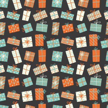 Kusursuz bir geçmişi ve hediye kutuları var. Duvar kağıdı, şablon dolguları, tekstil, web sayfası arka planı, yüzey dokuları için kullanılabilir.