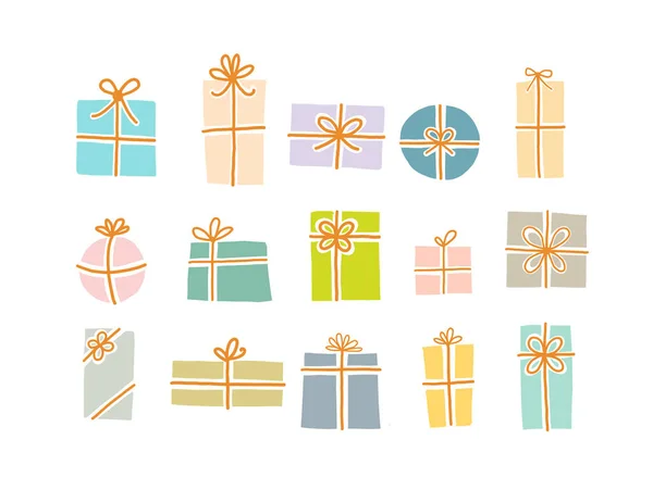 Conjunto de cajas de regalo de Navidad en colores pastel suaves sobre fondo blanco. — Vector de stock