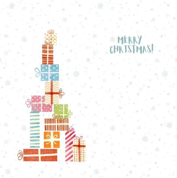Weihnachtsgrußkarte mit Geschenkboxen auf weißem, schneebedecktem Hintergrund. — Stockvektor