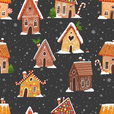 Çizgi filmlerdeki zencefilli kurabiyelerle kusursuz desen. Duvar kağıdı, şablon dolguları, tekstil, web sayfası arka planı, yüzey dokuları için kullanılabilir