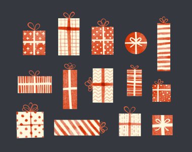 Krem renkli ve kırmızı hediye kutuları koyu arkaplanda klasik tarzda.