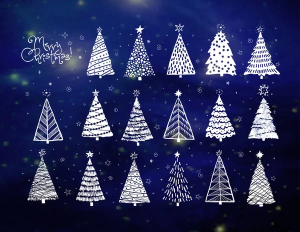 Set Weihnachtsbaumkritzeleien Auf Blau Glühendem Hintergrund — Stockvektor