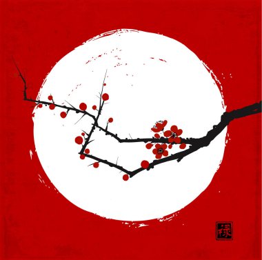 Çiçekli Japon kirazı dalı ve kırmızı arka planda beyaz daire. Geleneksel oryantal mürekkep boyası sumi-e, u-sin, go-hua. Hiyeroglif- refah.