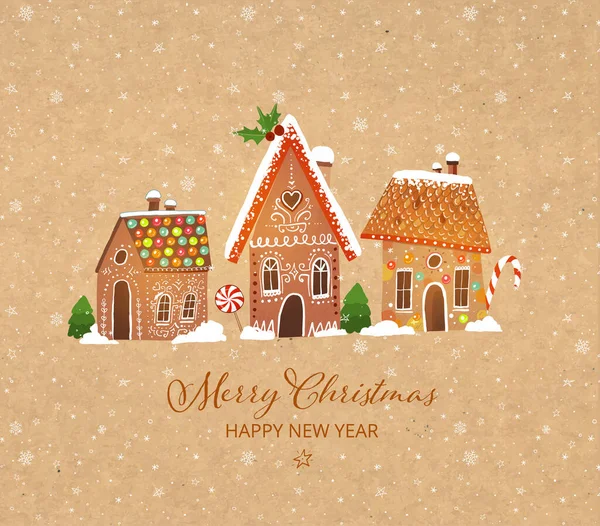 Carte Vœux Noël Avec Jolies Maisons Pain Épice — Image vectorielle