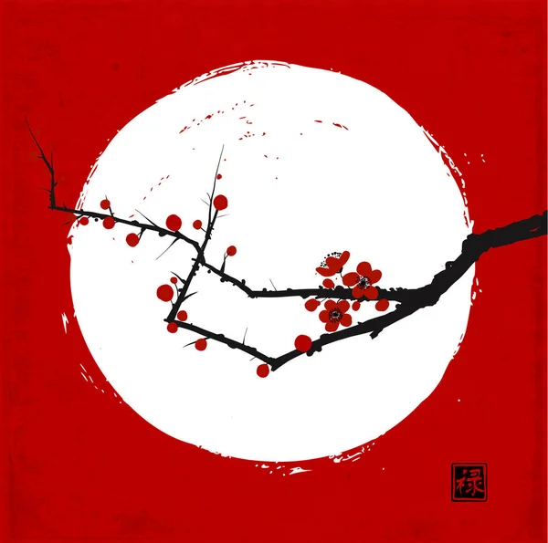 Branche Cerisier Sakura Japonais Fleur Cercle Blanc Sur Fond Rouge — Image vectorielle