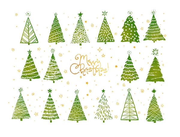 Σύνολο Από Πράσινο Χριστουγεννιάτικο Δέντρο Doodles Λευκό Φόντο — Διανυσματικό Αρχείο