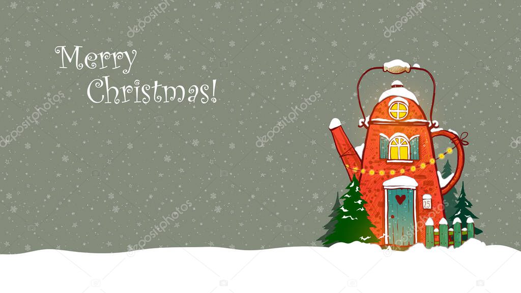 Christmas greeting card with cute red house in shape of teapot on snowy background.