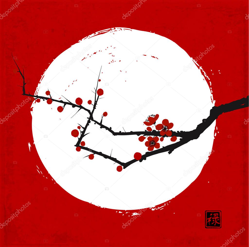 Branch of japanese sakura cherry in blossom and white circle on red background. Traditional oriental ink painting sumi-e, u-sin, go-hua. Hieroglyph - well-being.