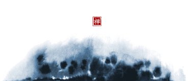 Doğu Asya tarzında soyut mavi mürekkep boyası. Grunge dokusu. Geleneksel Japon mürekkep boyası sumi-e. Hiyeroglifin çevirisi - zen.