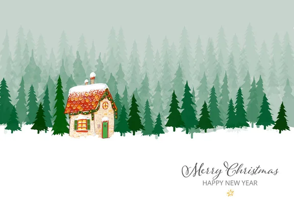 Weihnachtsgrußkarte Mit Niedlichem Häuschen Und Bäumen Auf Schnee Hintergrund — Stockvektor