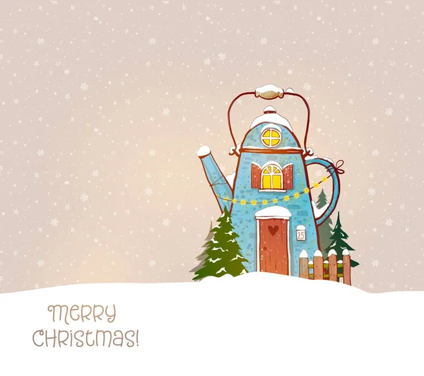 Karácsonyi Üdvözlőlap Aranyos Kék Ház Alakú Teáskanna Havas Háttér — Stock Vector