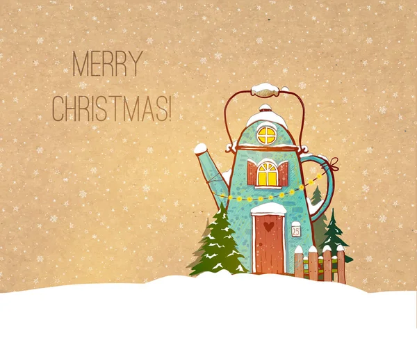 Karácsonyi Üdvözlőlap Aranyos Kék Ház Alakú Teáskanna Kézműves Papír Háttér — Stock Vector