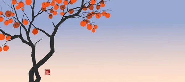 Árbol Caqui Con Grandes Frutas Naranjas Fondo Del Amanecer Traducción — Archivo Imágenes Vectoriales