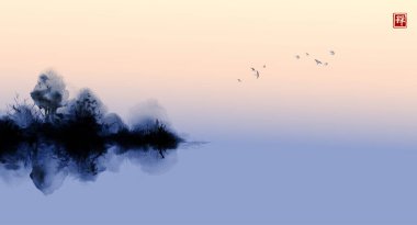 Güneşin doğuşunda orman ağaçları ve kuşlarla dolu puslu bir ada. Geleneksel oryantal mürekkep boyası sumi-e, u-sin, go-hua. Hiyeroglif- zen.